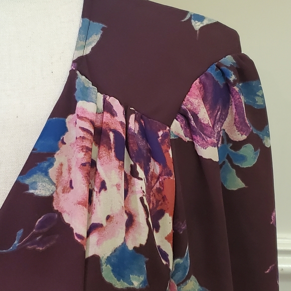 Everly Dark Purple/Pink Multi-Color Floral Wrap Midi Dress, Size Medium - Picture 10 of 16